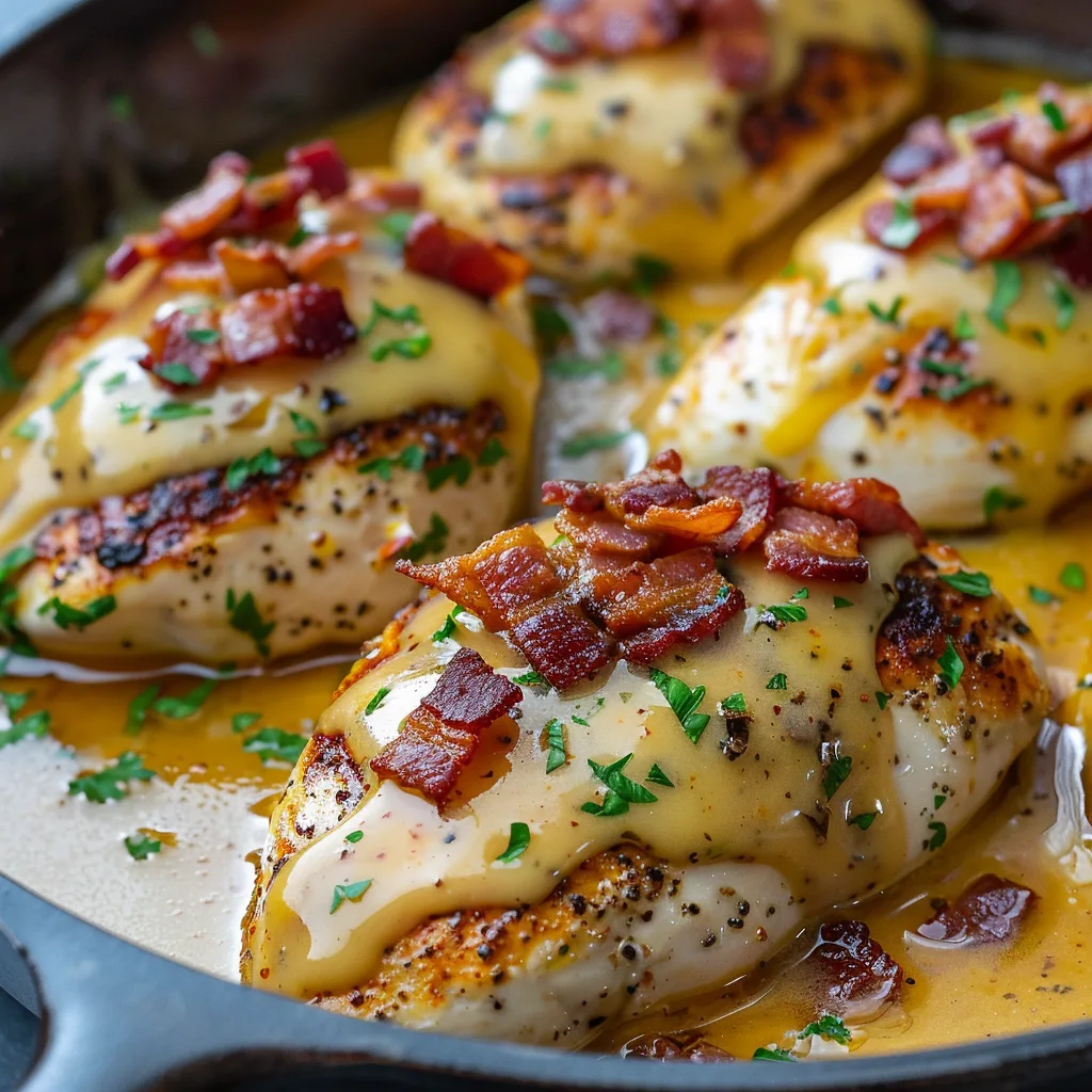 A mouthwatering plate of Alice Springs Chicken topped with crispy bacon, gooey melted cheese, and drizzled with honey mustard sauce. Served with a side of steamed vegetables on a rustic wooden table.