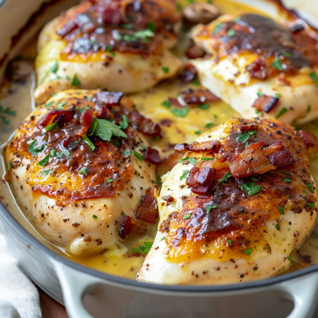 A delicious plate of Alice Springs Chicken, layered with crispy bacon, melted cheese, and a rich honey mustard drizzle. Paired with steamed vegetables and presented on a rustic wooden table.