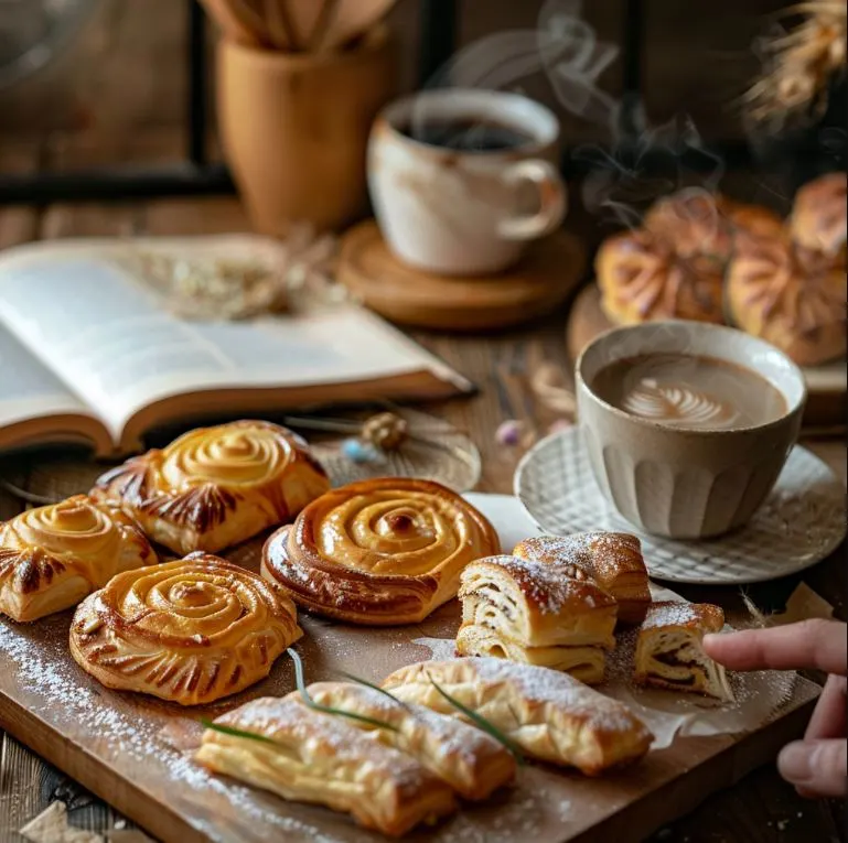 A cozy dessert table with flaky puff pastry treats, a steaming cup of coffee, and an open recipe book—warm, inviting, and perfect for pastry lovers!