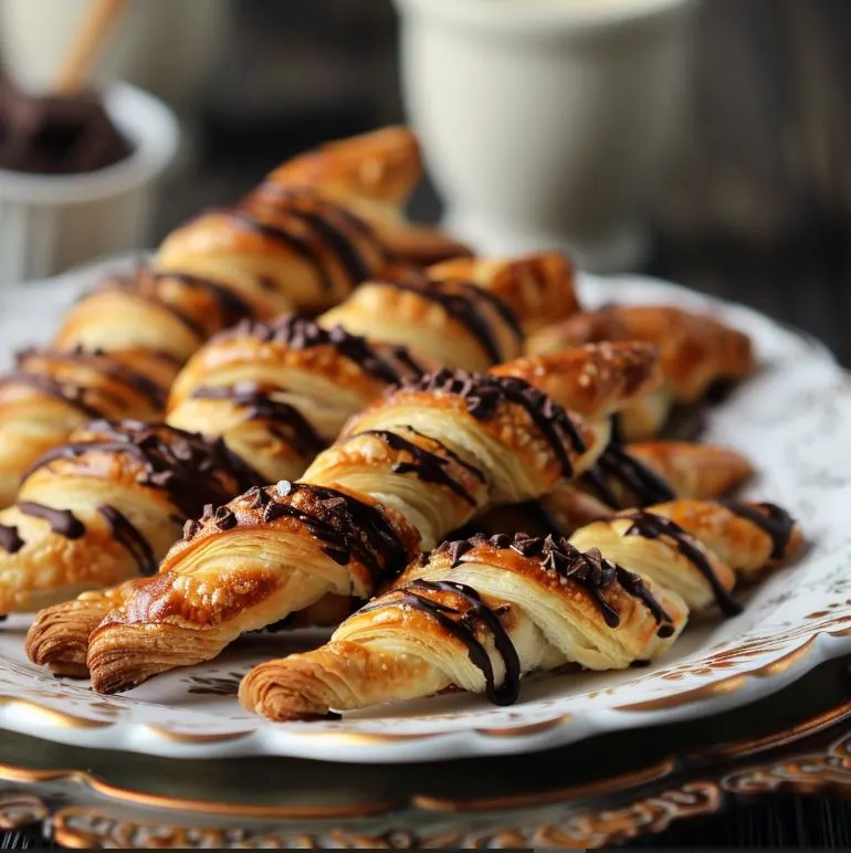 Crispy, golden-brown puff pastry twists filled with rich dark chocolate—flaky, buttery, and perfectly swirled for a decadent treat!