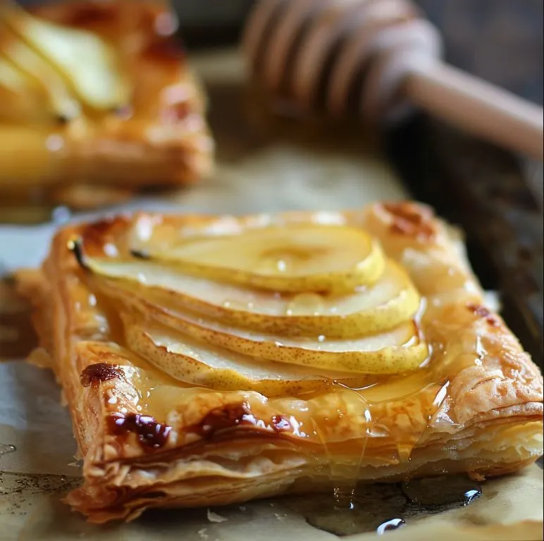 Flaky honey & pear puff pastry tarts with caramelized pear slices, a golden crust, and a drizzle of sweet honey—elegant, crispy, and delicious! 