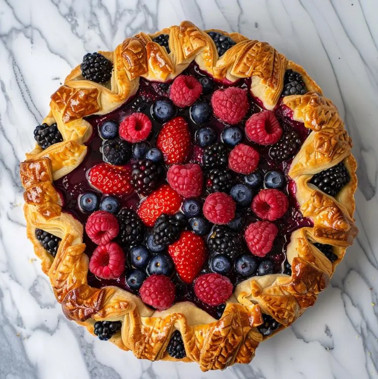 Rustic mixed berry puff pastry galette with flaky golden crust, bursting with juicy strawberries, blueberries, and raspberries—sweet, crispy, and delicious! 