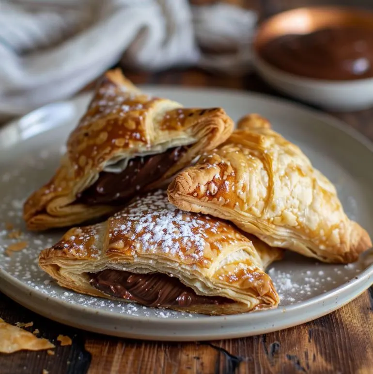 Flaky, golden puff pastry pockets filled with rich, gooey Nutella—crispy on the outside, chocolatey on the inside, and irresistibly delicious! 