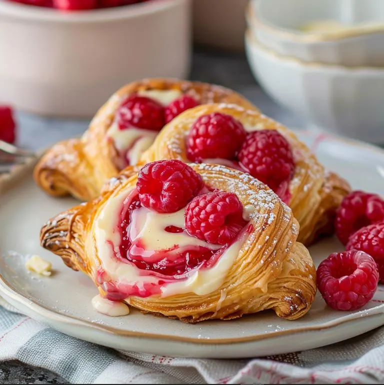 Flaky raspberry cream cheese danishes with golden layers, creamy filling, and sweet raspberry topping—perfectly baked and dusted with powdered sugar!