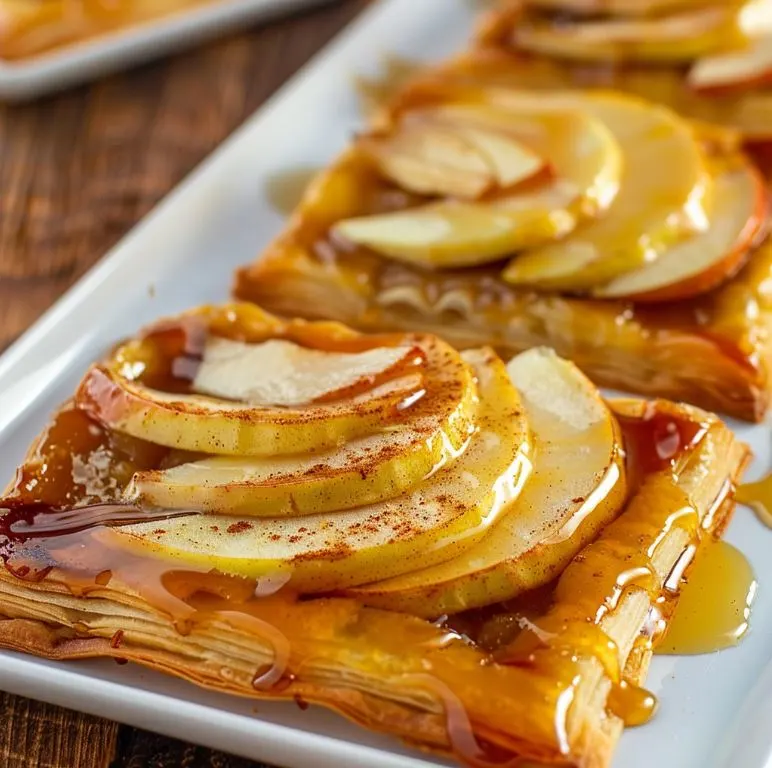 Flaky apple puff pastry tarts topped with cinnamon, caramel drizzle, and golden-brown apple slices—crispy, sweet, and perfect for any occasion!