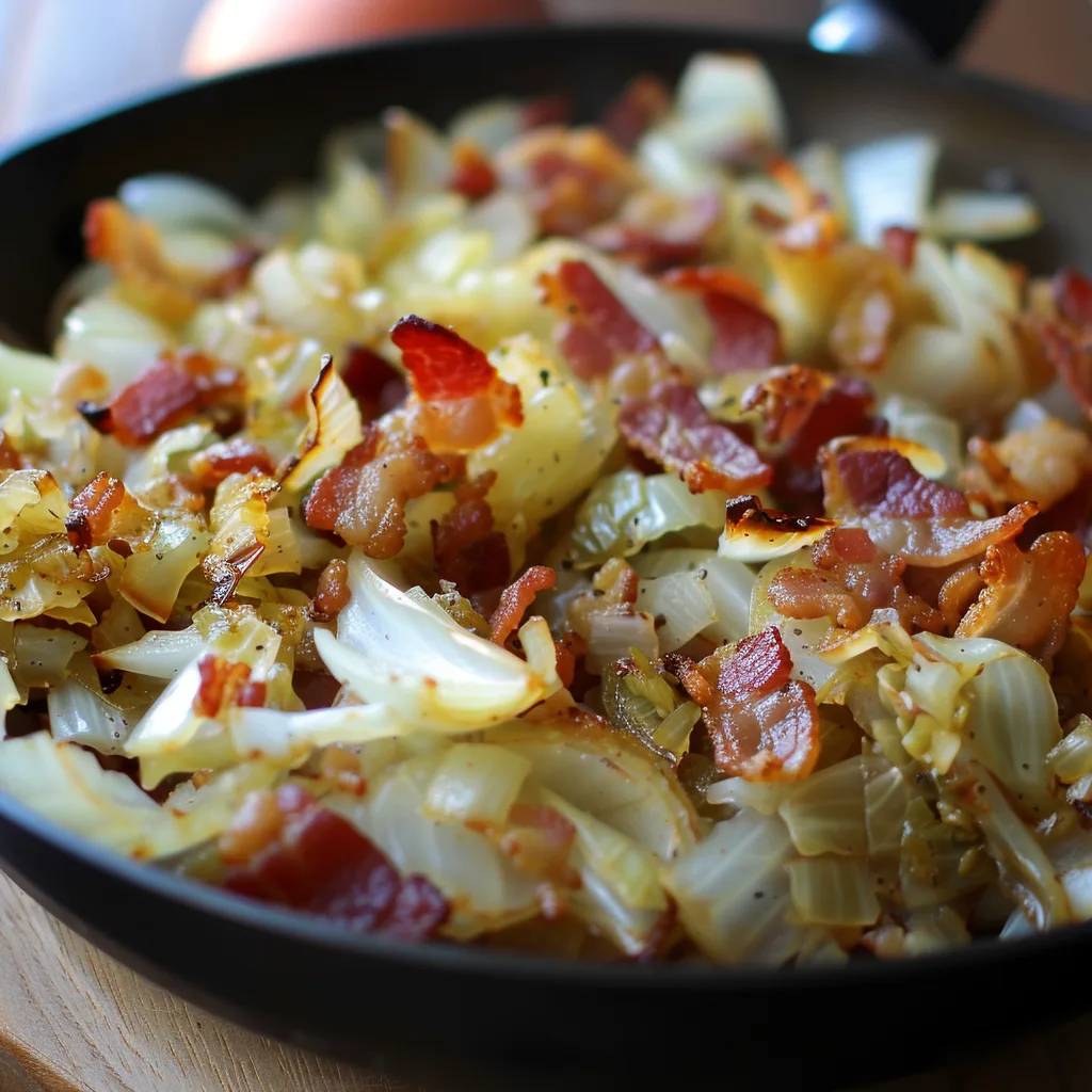 Try this flavorful Fried Cabbage with Bacon, Onion & Garlic! A quick, savory dish with crispy bacon, caramelized onions, and perfectly seasoned cabbage.