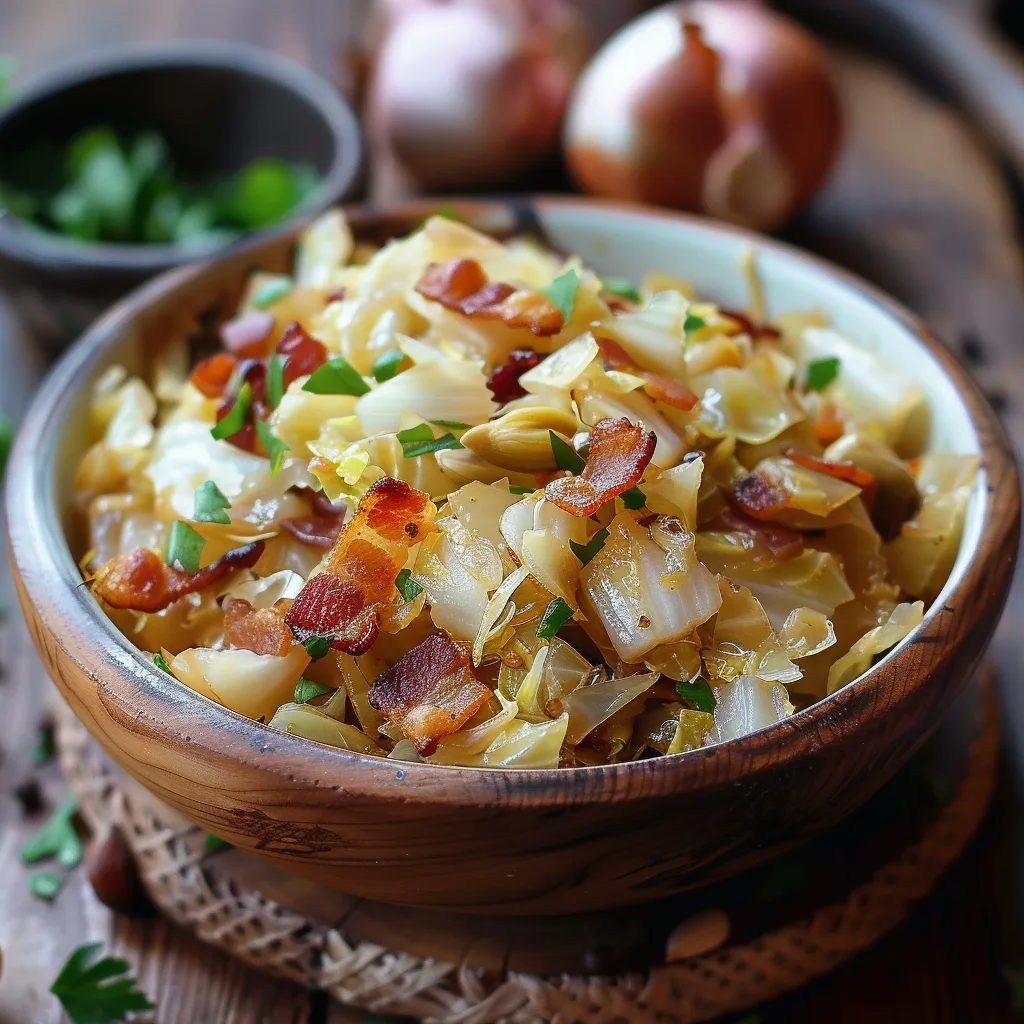 Whip up this easy Fried Cabbage with Bacon, Onion & Garlic! A savory, one-pan dish with crispy bacon and caramelized onions for the perfect flavor.