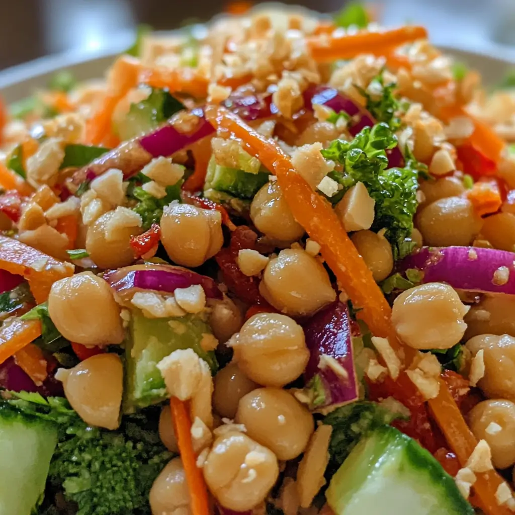 Close-up of Thai Chickpea Salad with chickpeas, red cabbage, carrots, cucumber, red onion, and crushed peanuts