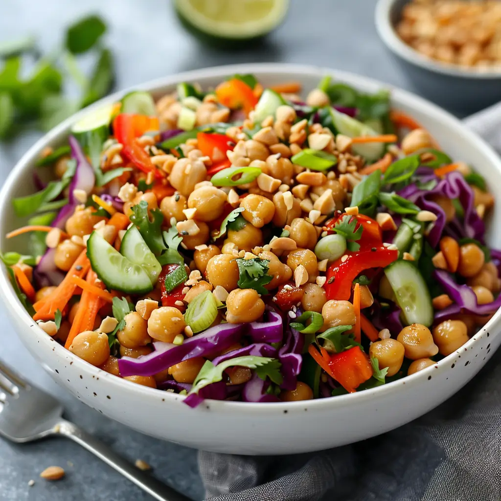 Crunchy Thai Chickpea Salad in a white bowl with chickpeas, red cabbage, cucumber, carrots, and peanuts