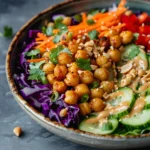 Crunchy Thai Chickpea Salad with roasted chickpeas, red cabbage, carrots, cucumber, and creamy peanut dressing in a ceramic bowl