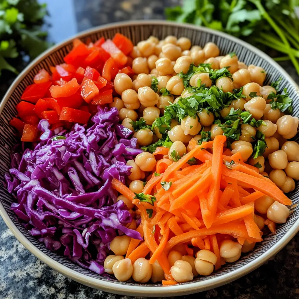 Bowl of Thai Chickpea Salad ingredients including chickpeas, shredded carrots, red cabbage, red bell pepper, and fresh cilantro